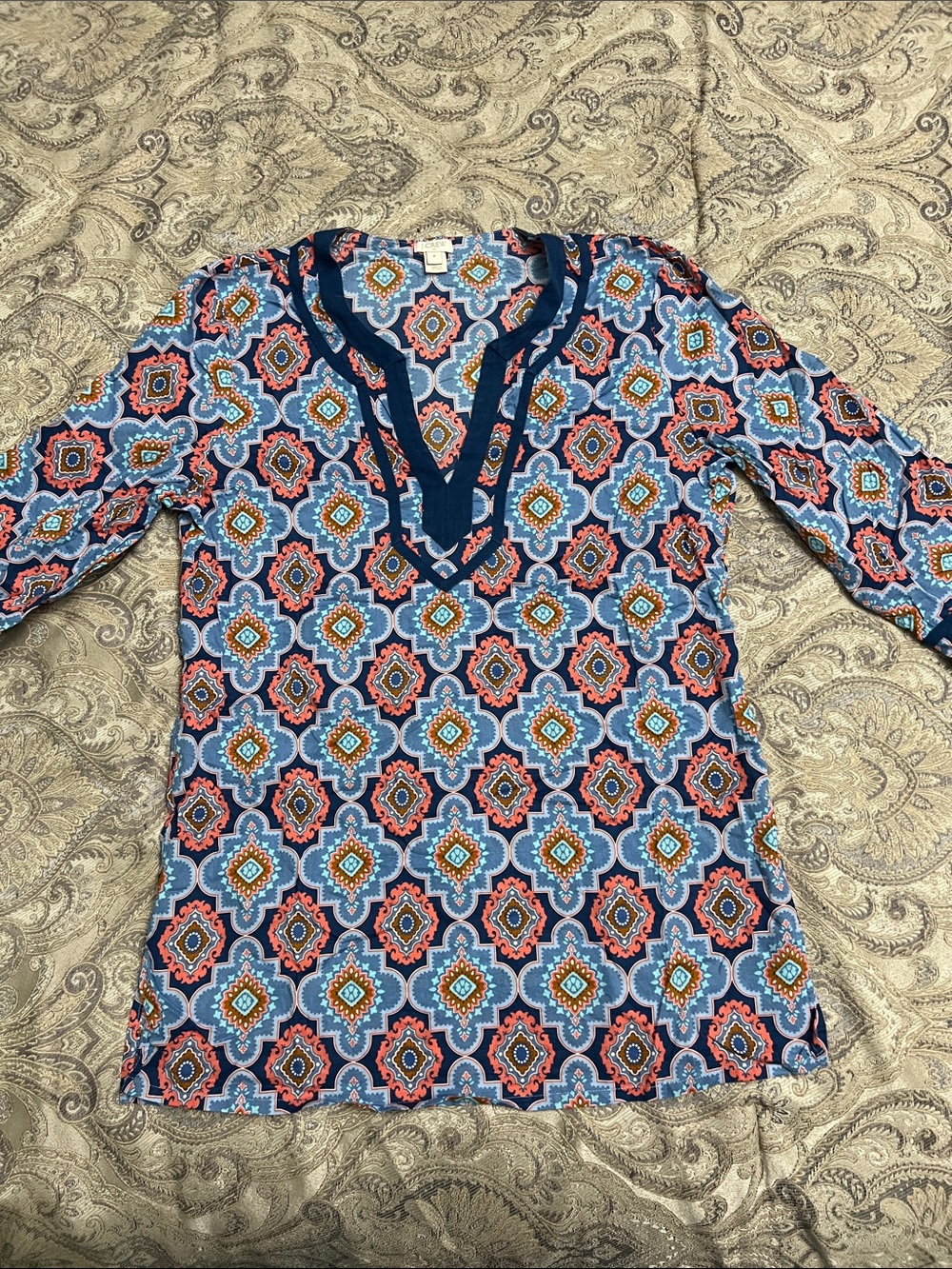 J. Crew Blue Geometric V-Neck Tunic with Coral/Teal Accents, Size 8